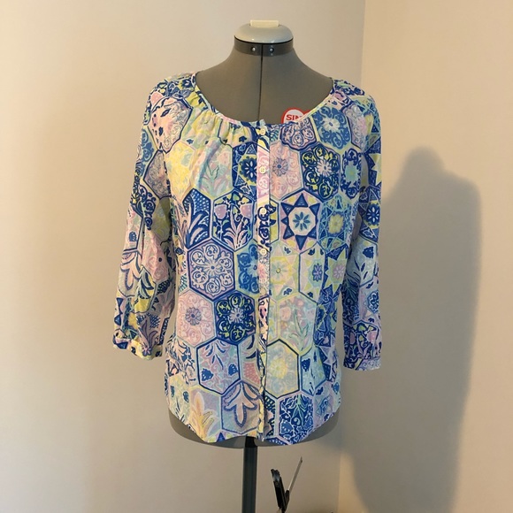 Talbots Petites cotton button top blue floral LP - Picture 2 of 5